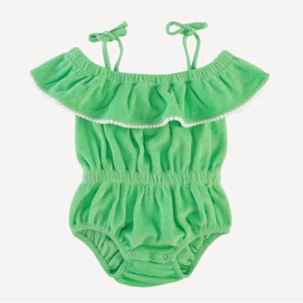 NWT Kate Quinn bubble‎ romper green terrycloth ruffle off shoulder 12-18 months